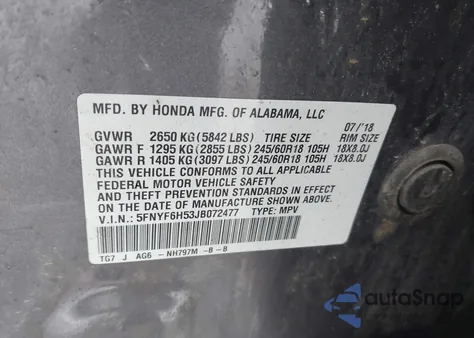 2018 Honda Pilot Ex-L z USA, uszkodzony, nr VIN 5FNYF6H53JB072477